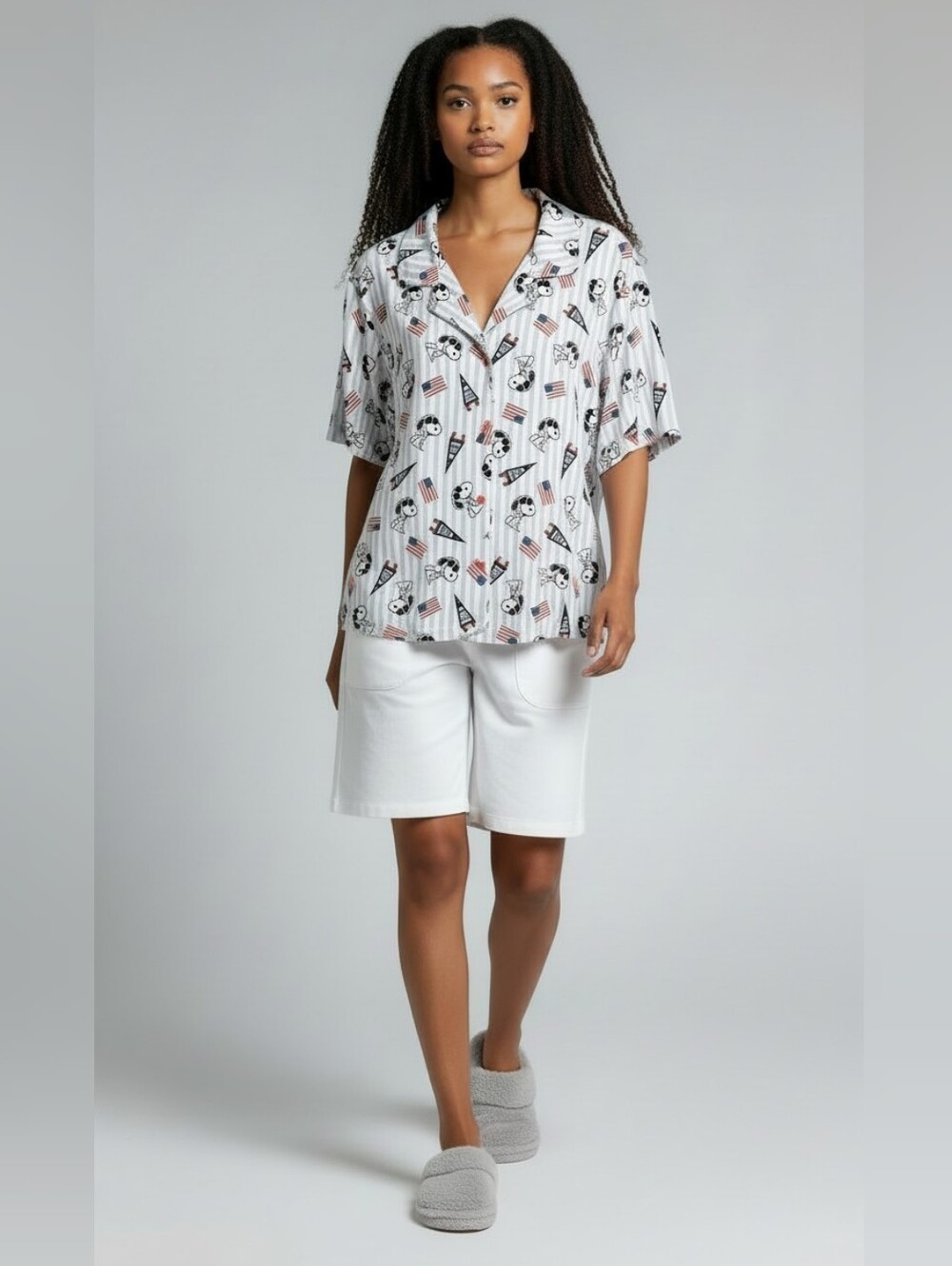 Peanuts White Striped Button-Front Camp Collar Patriotic Snoopy Print Pajama Top